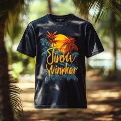 Wall Mural - T-shirt with tropical design featuring palm trees and sun.