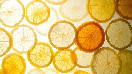 Poster -   Lemons arranged on a white countertop with a wall of sliced lemons behind them