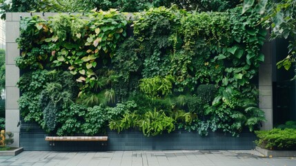 A lush green living wall filled with a variety of plants, creating a natural and refreshing backdrop in an urban setting.