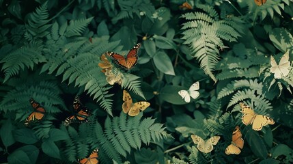 Monarch butterflies elegantly dispersed amongst lush green ferns create a mesmerizing scene reflective of the beauty and serenity in nature.