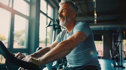 Wall Mural - A fit older man joyfully exercises on a stationary bike in a sunlit, modern gym, radiating enthusiasm and energy during his workout.