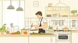 © Georgii - Illustration of a young man joyfully cooking in the kitchen with fresh vegetables showcasing healthy lifestyle