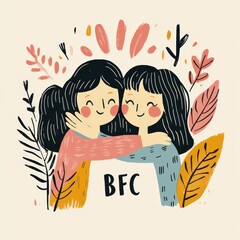 Sticker - Two friends embracing with decorative foliage.