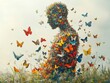 © c80 - An evocative image of a human-like figure made entirely of butterflies, holding a serene and contemplative posture amongst a vibrant field of flowers, symbolizing harmony and beauty.