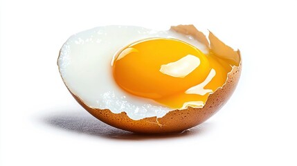 Poster -   A fried egg with an egg yolk in a cracked egg shell on a white background with a reflection of the egg in the egg shell