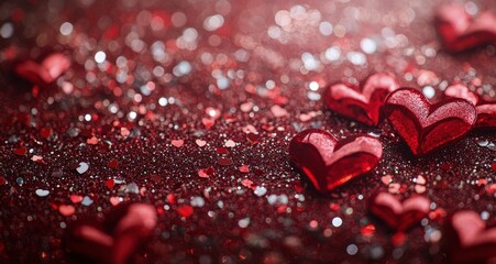 Poster - Glittering red hearts scattered on a sparkling background for Valentine's Day celebration