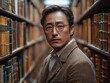 © c80 - A man wearing glasses and dressed in a brown suit stands between bookshelves in a library, radiating knowledge and a thoughtful presence.
