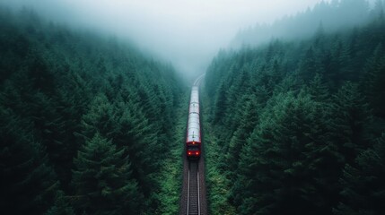 A red train making its way through a misty, dense forest, creating a mysterious and captivating scene that highlights the dense greenery and the tranquil atmosphere.