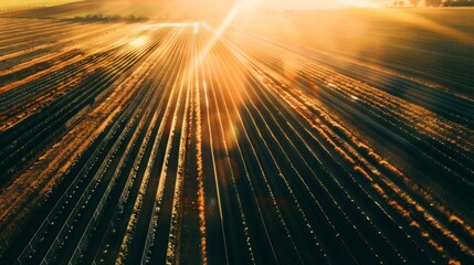 Poster - Rows of crops stretch into the distance under a golden sunset, bathing the fields in warm, radiant light.