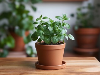 This image showcases a green plant nurtured in a terracotta pot, positioned indoors against a blurred background, symbolizing growth, care, and natural beauty in home settings.