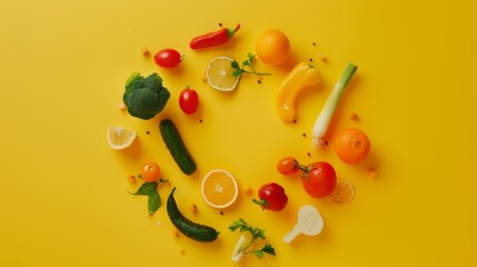 Poster - A vibrant assortment of fresh vegetables and fruits arranged in a circular pattern on a bright yellow background, creating a lively and colorful scene.