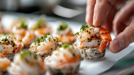 A close-up shot of a hand placing shrimp appetizers with herb garnishes, highlighting the meticulous presentation and freshness of the seafood, ideal for culinary photography.