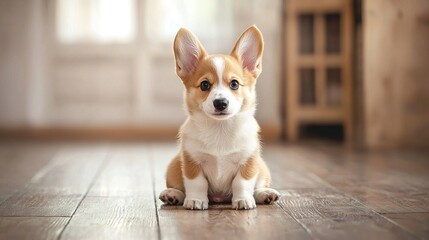 Canvas Print -   A dog sits on a hardwood floor near a wooden table and a window, with a mixture of brown and white fur