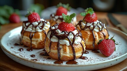 Sticker -   A white plate holds mini pastries covered in chocolate and topped with strawberries on a wooden table