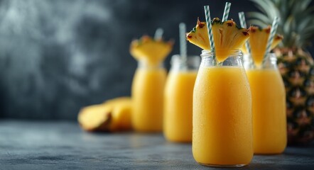 Wall Mural - Refreshing tropical pineapple drinks served in glass bottles on a dark surface