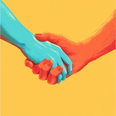 Two hands shaking, one blue and one orange, on yellow.