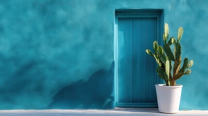 This image shows a vibrant blue exterior wall featuring a matching blue door, accompanied by a well-lit cactus plant in a white pot casting a strong shadow.