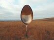 © c80 - A large, worn-out spoon is firmly planted in the middle of a vast, serene grassland, symbolizing uniqueness and the intersection of commonplace objects within natural settings.
