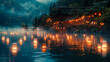 © OMGAi - A serene riverbank scene during Obon, illuminated by floating lanterns and surrounded by misty mountains. warm glow reflects beautifully on water, creating tranquil atmosphere
