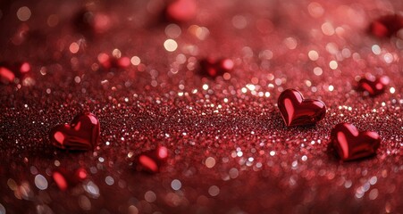 Wall Mural - Glittering red hearts scattered on a sparkling background for Valentine's Day celebration