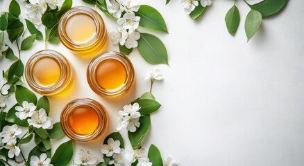 Wall Mural - Natural honey jars surrounded by leaves and flowers on a light background