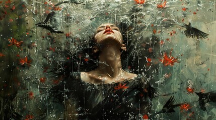 Wall Mural - Surreal Woman Floating in Water with Birds and Flowers