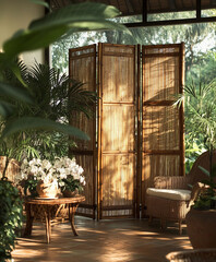 Wall Mural - Asian bamboo room divider, handcrafted with natural bamboo slats, standing in a sunlit tropical villa, large potted orchids and woven rattan furniture surrounding it