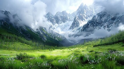 Canvas Print -   Lush green valley with mountain in background and grass in foreground becomes lush green meadow with white flowers in foreground