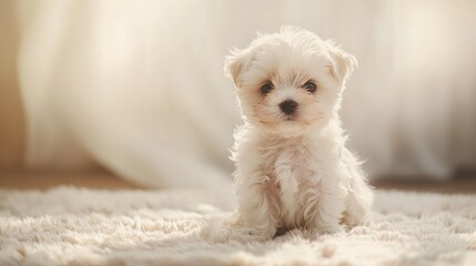 Poster -   A small white dog rests atop a white rug upon a wooden floor, near a white curtain