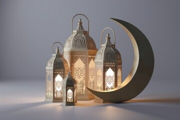 four ornate lanterns illuminated with glowing light, symbolizing ramadan.