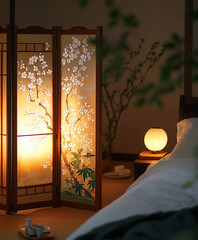 Wall Mural - japanese folding room divider, adorned with hand-painted cherry blossoms, gold leaf accents, placed 