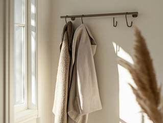 metal coat rack with clean, minimalist design, placed in a small, well-organized mudroom, soft white walls