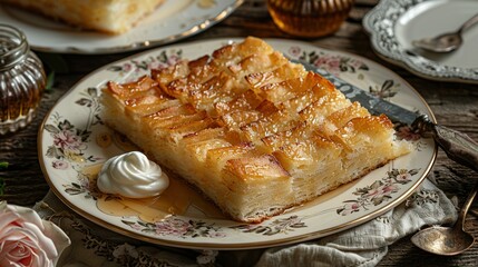 Poster -   A slice of cake rests atop a dish beside a fork and cup of yogurt