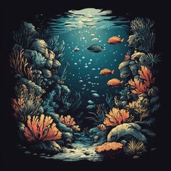 Poster - Underwater scene with coral and fish in a vibrant ocean.