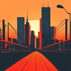 Wall Mural - Urban skyline at sunset with a pathway leading forward.