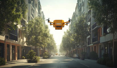 Drone Flying in Modern Urban Street with Trees and Sunlight