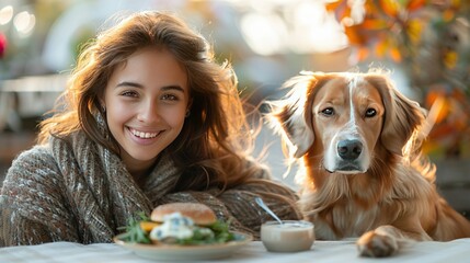   A woman sits at a table with a plate of food and a dog by her side