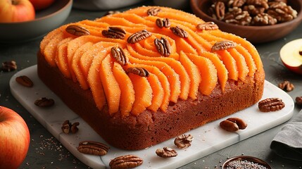   A cake sits on a white cutting board with bowls of pecans and apples nearby