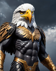 Fantasy depiction of a powerful eagle warrior adorned with intricate armor, showcasing a muscular physique against a dramatic sky backdrop. Perfect for concept art and fantasy themes.