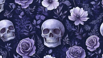 Sticker - A Purple Floral Pattern with Skulls and Roses