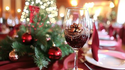   A close-up of a wine glass on a table with a Christmas tree in the background and a red tablecloth on the table