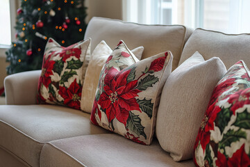 cozy holiday setting with festive poinsettia patterned pillows on a brown and beige  couch by a christmas tree