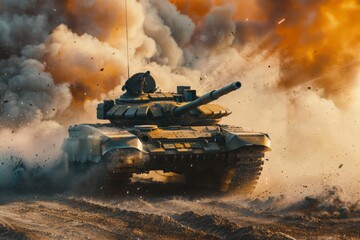 A battle tank moves through a scene filled with smoke and explosions, evoking the intensity and destructive power of armored warfare.