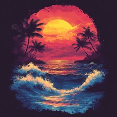 Poster - Vibrant sunset over ocean waves with palm trees.