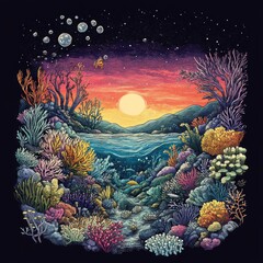 Canvas Print - Vibrant underwater scene with colorful corals and sunset.