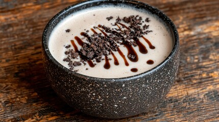   A chocolate-drizzled spoon in a cup of milk sits atop a wooden table