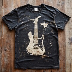 Wall Mural - Vintage black t-shirt with a guitar graphic design.