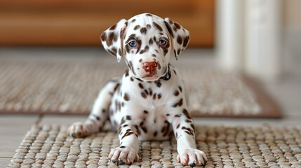 Wall Mural -   Dalmatian puppy gazes into camera with melancholy expression while resting on rug in front of couch