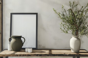 a minimalist scene with two vases and a green plant on a wooden table against a plain, textured wall