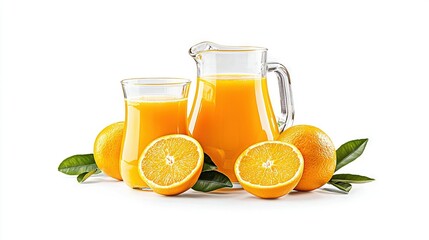   Two glasses and a pitcher of orange juice on a white background, with another pitcher nearby